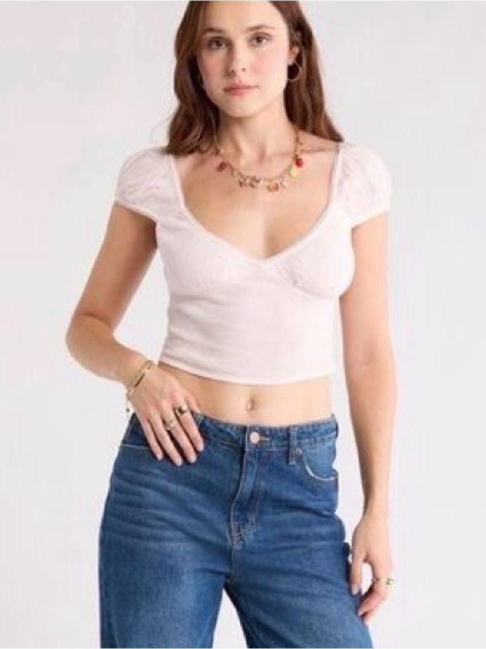 NWT Abound Women's White Cap Sleeve Cropped V-Neck Top